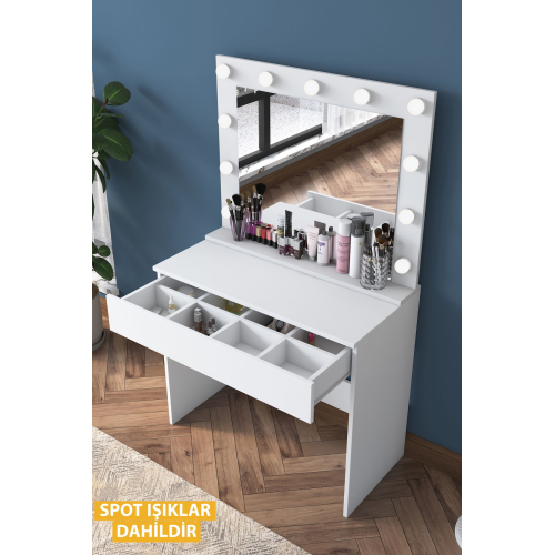 Rani BJ120 Hollywood Işıklı Aynalı Kulis Makyaj Masası Takı Düzenleyici Beyaz