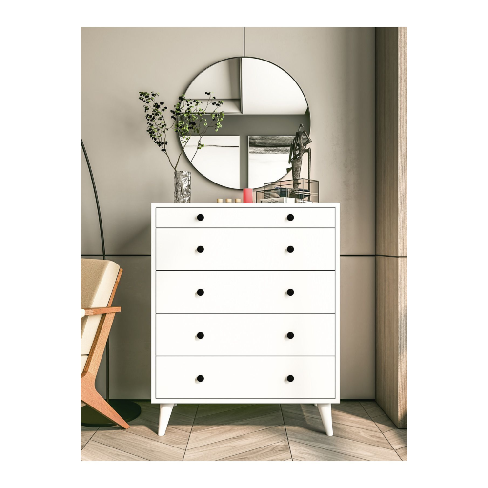 Şifonyer Parlak Beyaz 5 Çekmeceli Country Şifonyer Komodin Ahşap