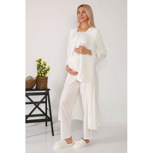 Kadın Ekru Uzun Sabahlıklı Lohusa Pijama Takımı2601