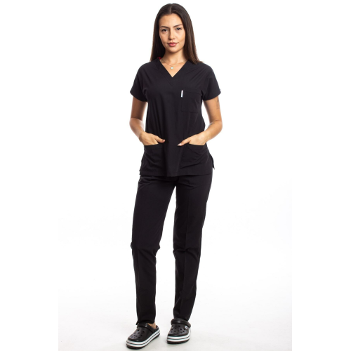 Cerrahi Doktor Hemşire Scrubs Siyah Forma Takım