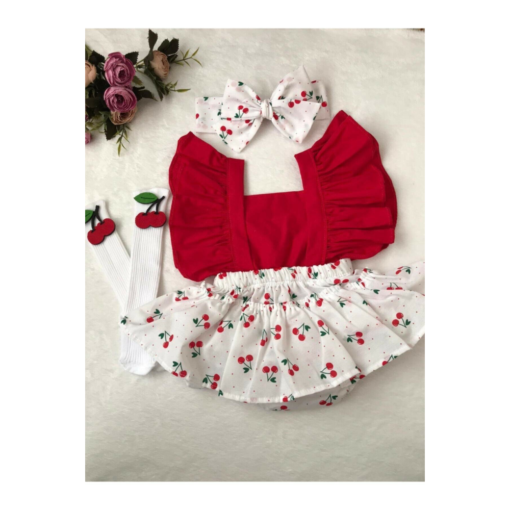 Kız Çocuk Kırmızı Kiraz Desen Slopet Bandana Kiraz Çorap Set