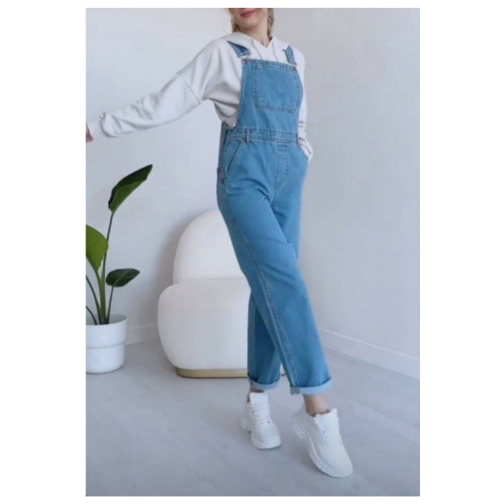 Kot Tulum Bahçıvan Salopet Açık Mavi Uzun Denim Salopet