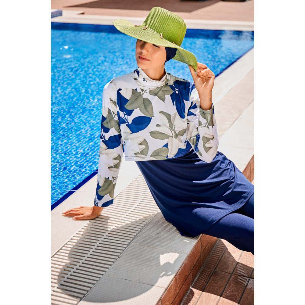 Lacivert Yaprak Desenli Tam Kapalı Tesettür Mayo 1972