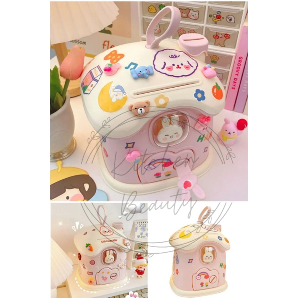 Sevimli Kawai Tarz Pembe Renk Ev Baca Kumbara Kilitli Para Banknot Kumbarası Sticker Hediye