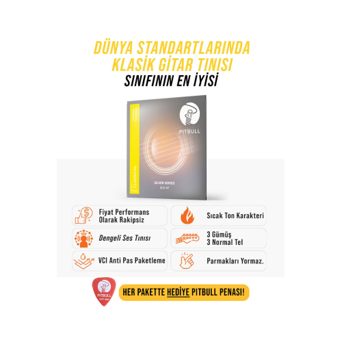 Pitbull Strings Silver Seri Klasik Gitar Takım Teli SCG NT Normal Tansiyon (Pena Hediyeli)