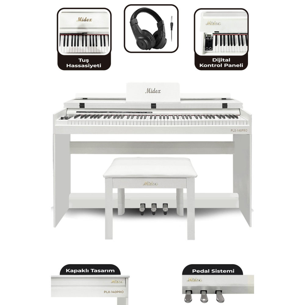 Plx-140 Pro-wh Dijital Piyano Bluetooth Tuş Hassasiyeti 88 Tuşlu Kapaklı (KULAKLIK VE TABURE)