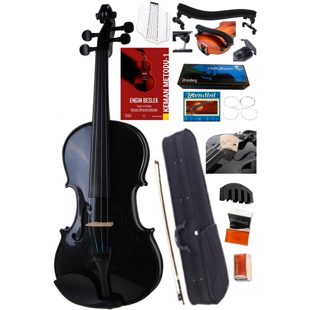 Keman - Siyah 4/4 Yastık Kılavuz Susturucu Metod Hediyeli - Yetişkin Kemanı