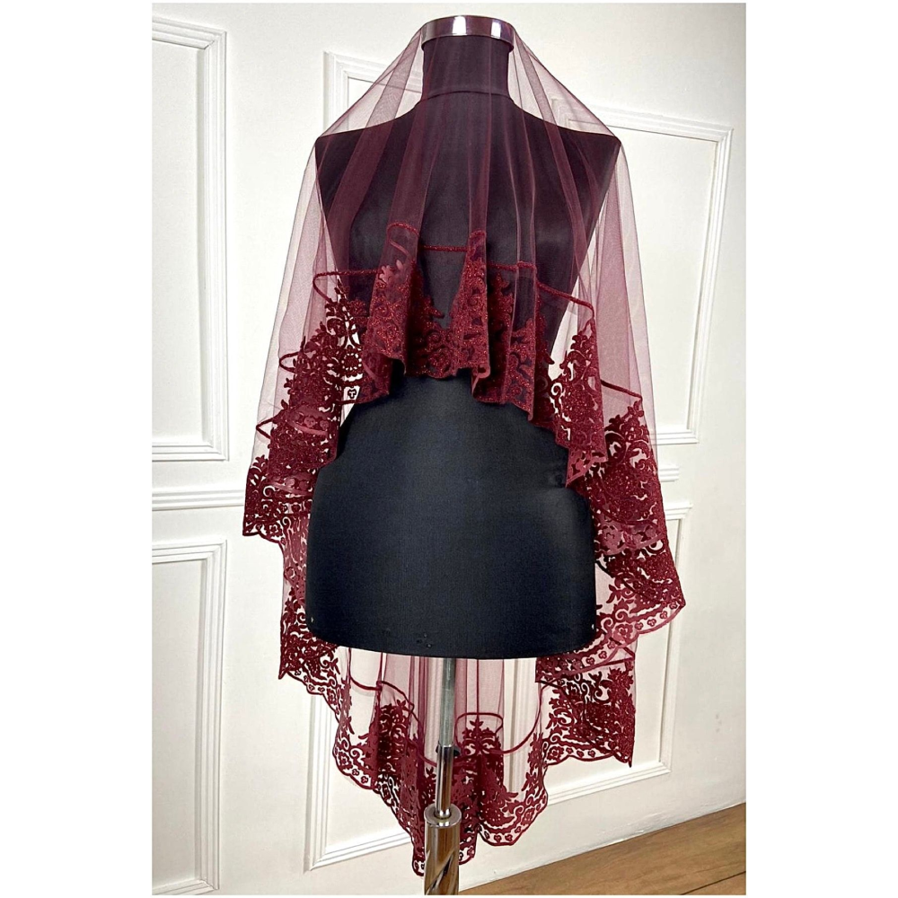 Bordo Gelin Duvak Kına Örtüsü Alı Seti Takım Flok Simli