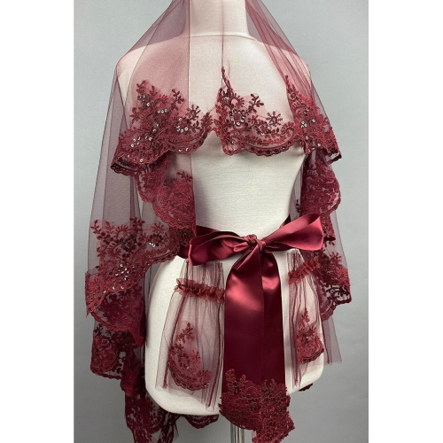 Bordo Lüx Güpürlü Kına Örtüsü Takımı Duvak