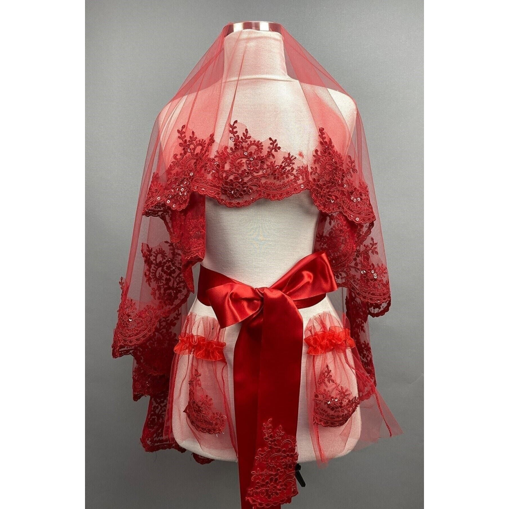 Kırmızı Kına Örtüsü Güpürlü Duvak Seti