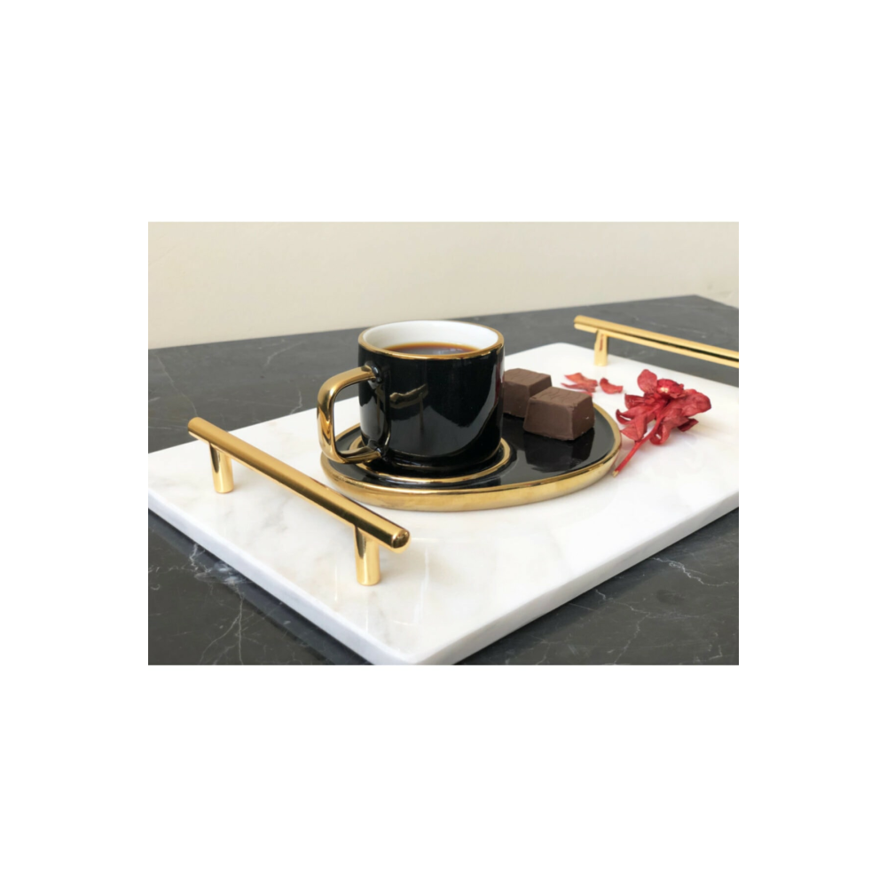 Doğal Mermer 20x30 Sunum Tepsisi Metal Gold Kulp