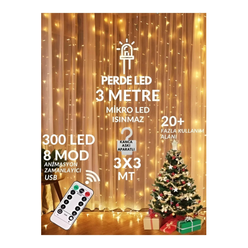 300 Ledli 10 Sarkıt Perde Led Işık-8 Fonksiyon, Uzaktan Kumandalı, 3x3 Metre