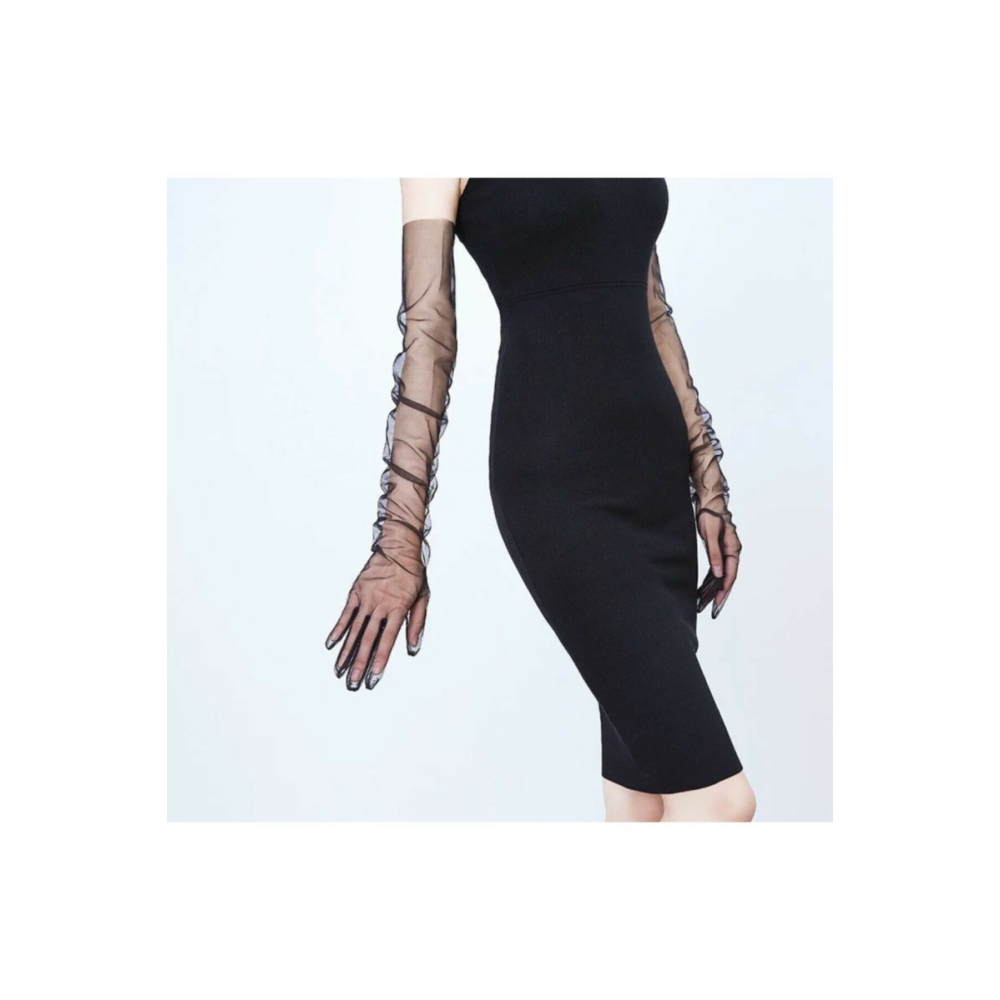 Cadılar Bayramı Kostüm Siyah Likralı Uzun Tül Eldiven Abiye Eldiveni Kostüm