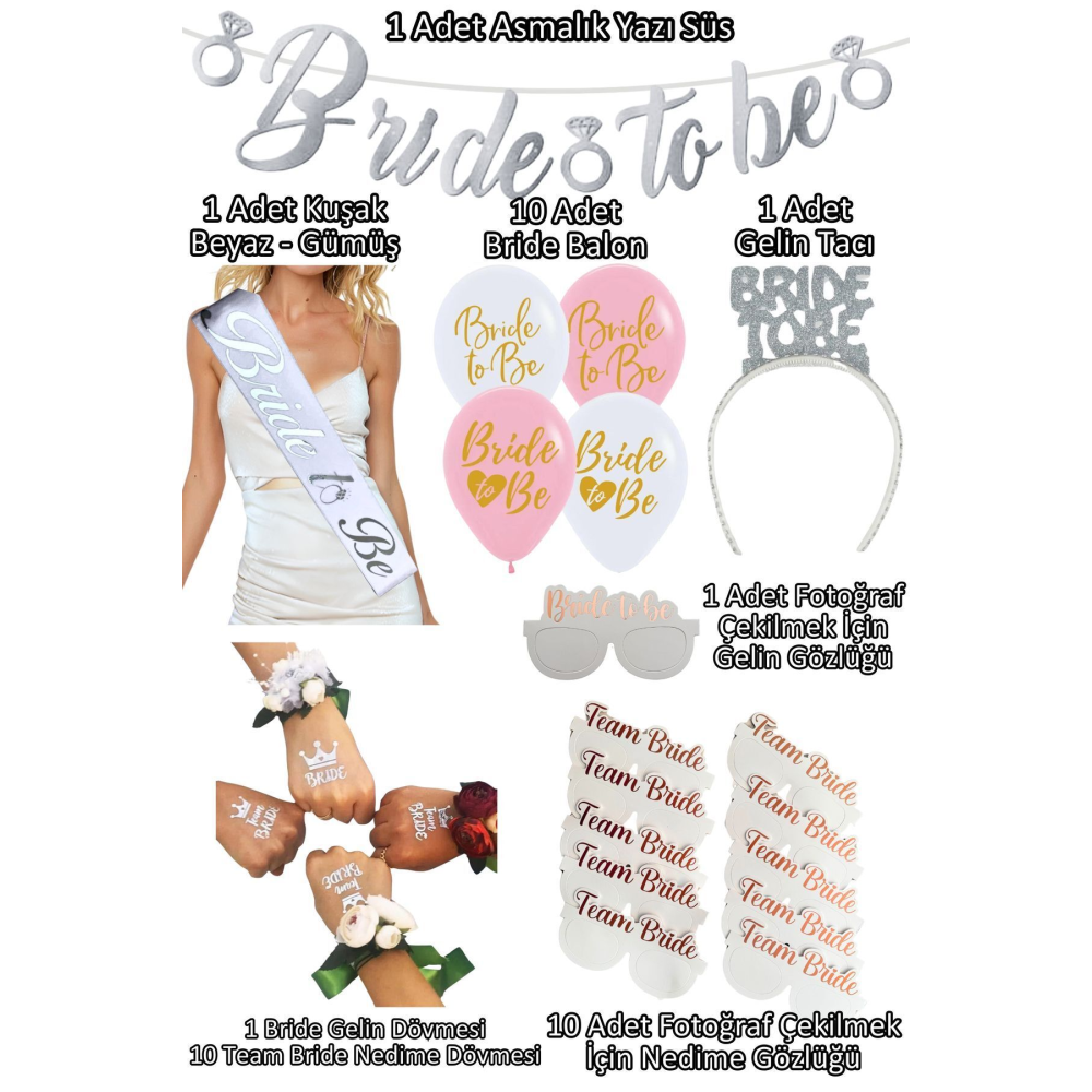 35 Parça Gümüş Bride To Be Seti Bekarlığa Veda Partisi Malzemeleri Kuşak Dövme Taç Balon Süsleri