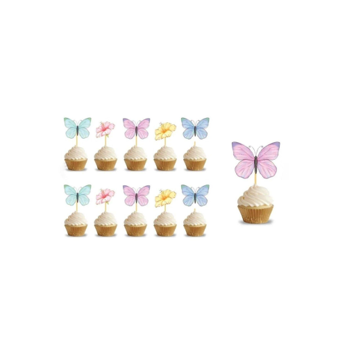 Çok Renkli Çiçek ve Kelebek Figürlü 10'lu Kürdan Pasta Süsü Set