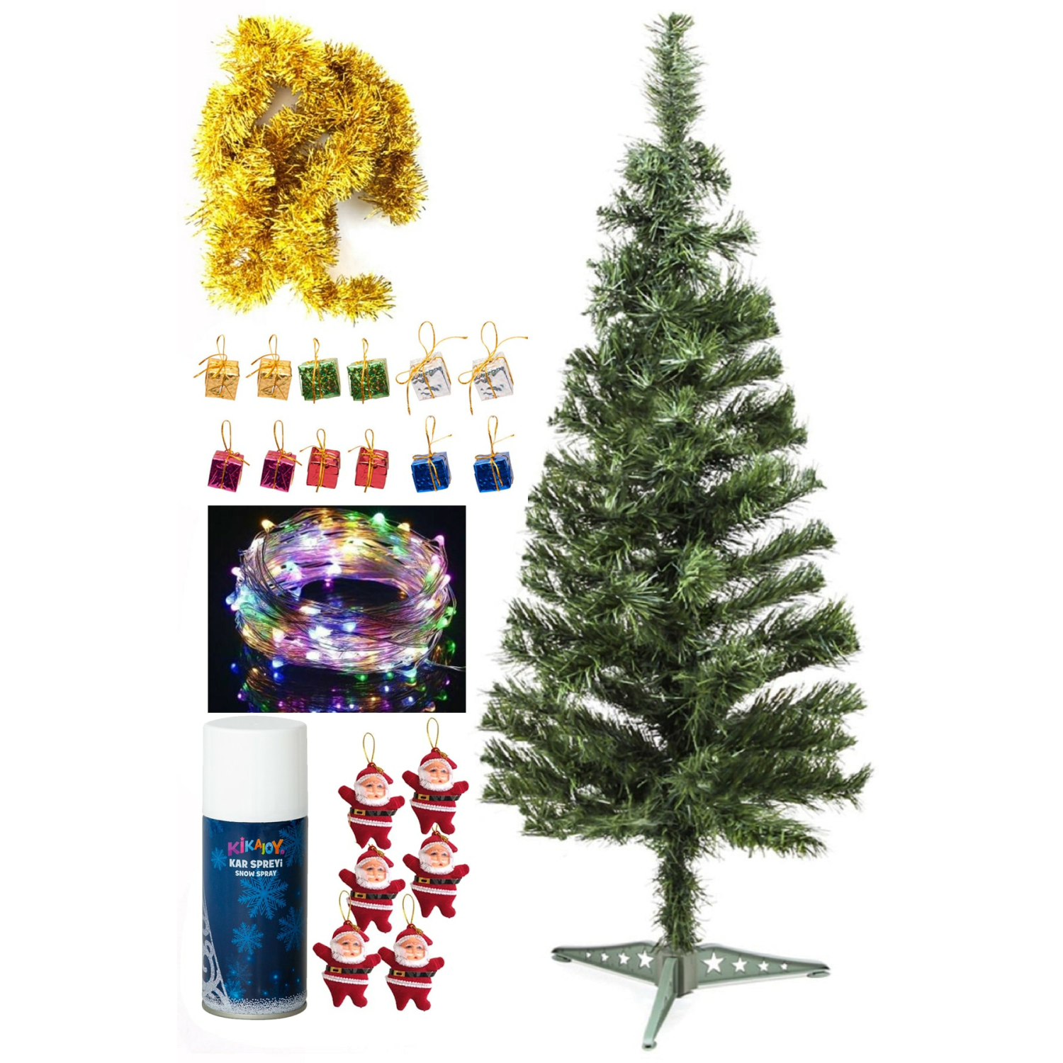 120 Cm Yılbaşı Çam Ağaç Seti 5 Metre Peri Led Işıklı Ve Yılbaşı Süsleri Paketi, Kar Spreyi