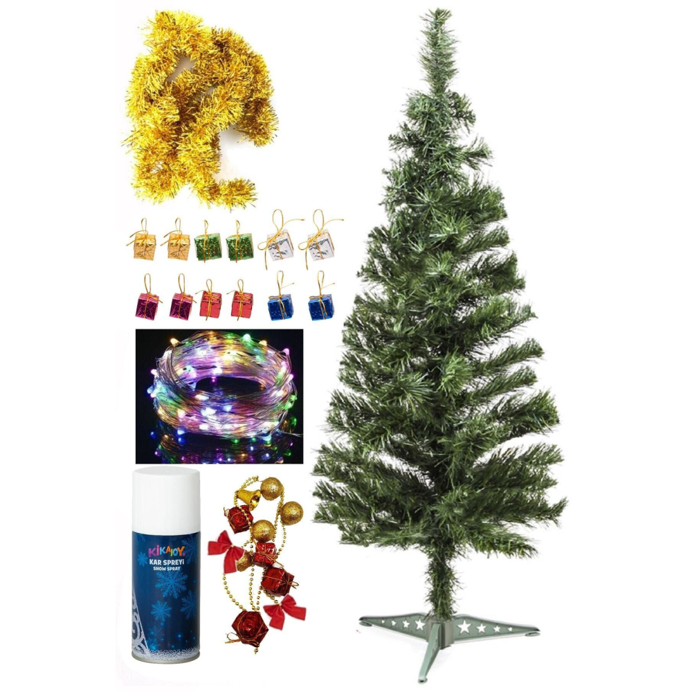 90 cm Yılbaşı Çam Ağaç Seti ve Yılbaşı Süsleri Paketi , Yılbaşı Işığı, Kar Spreyi