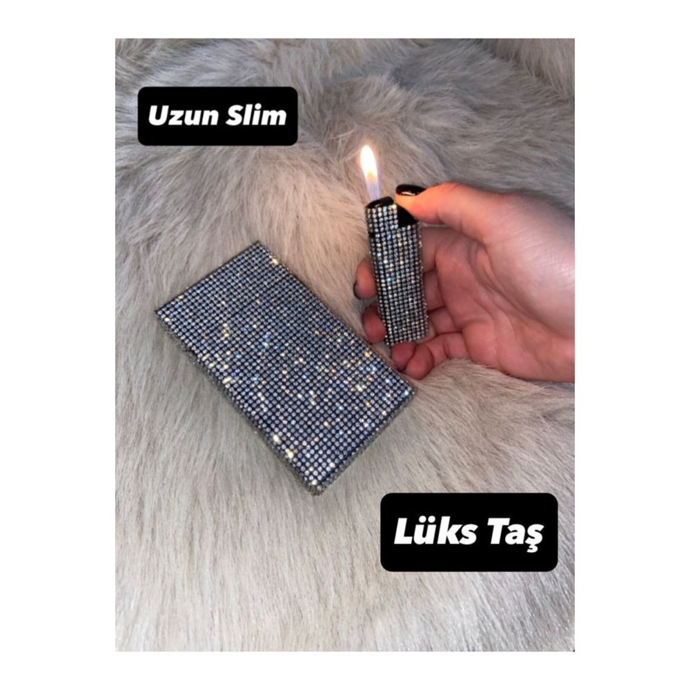Taşlı Sigara kutusu ve Çakmak ( Uzun Slim )