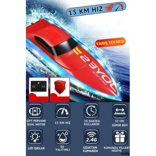 Oyuncak Uzaktan Kumandalı 15 Km Hız Yapan Şarjlı Yarış Teknesi Led Işıklı Su Yalıtımlı