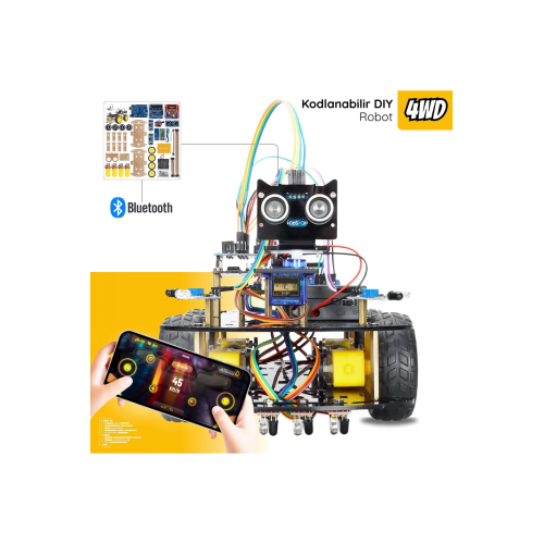 Arduino Uyumlu 4 Teker Robot Araba Kodlama Seti 4WD-BLE (Kutulu ve E-Kitaplı)