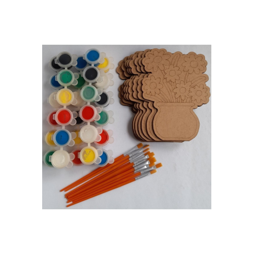 10 Vazolu Çiçek Ahşap Boyama Okul Kurs Aktivite Etkinlik Sanat 5 Boya 10 Fırça Hobi Set