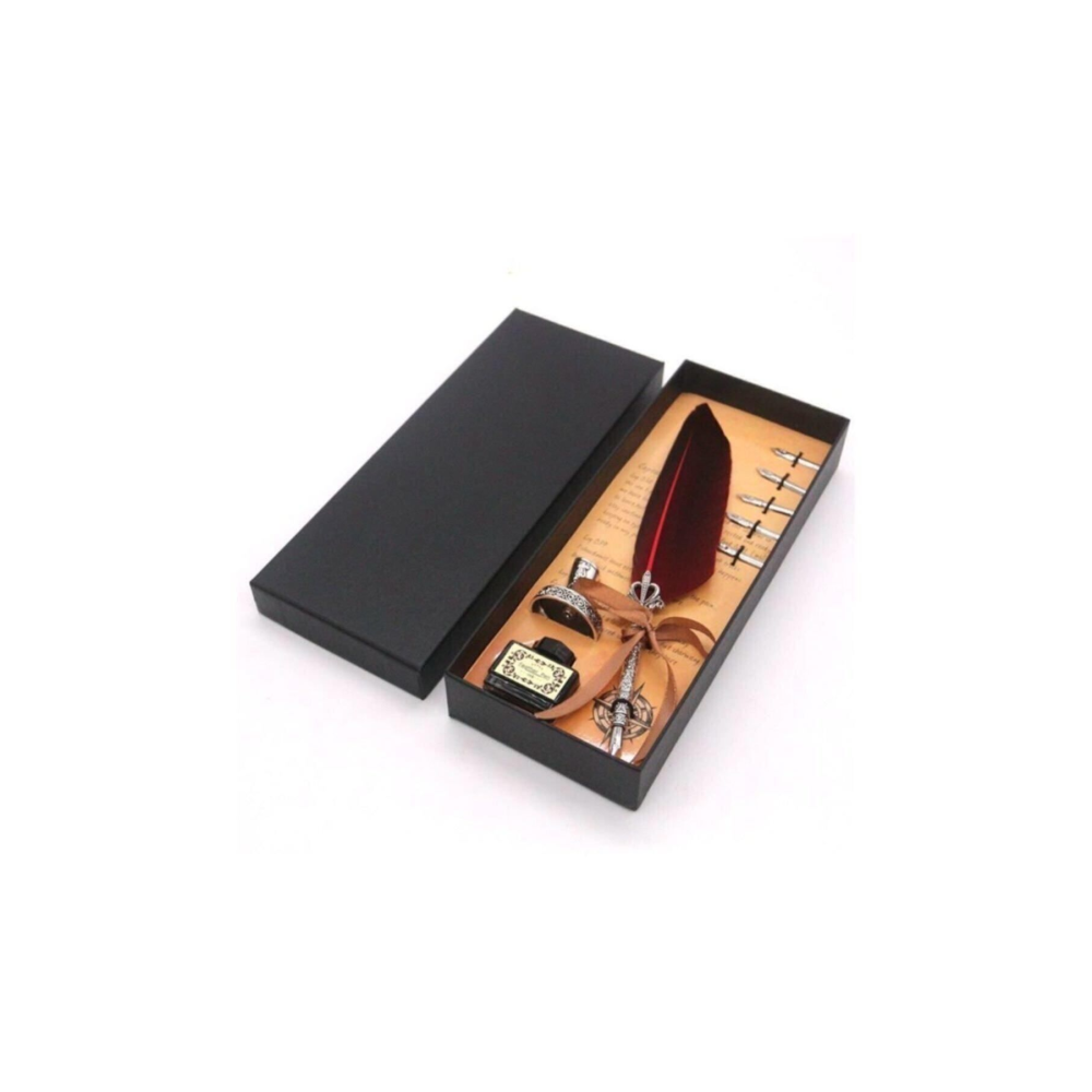 Hediyelik Taçlı Kuş Tüyü Divit Kalem Seti Şarap Seçenekli