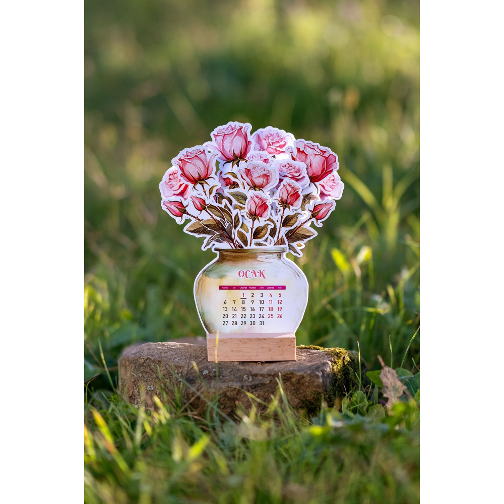 2025 Ahşap Ayaklı Çiçekli Tasarım Mini Özel Tasarım Takvim, Gül 2025 takvim