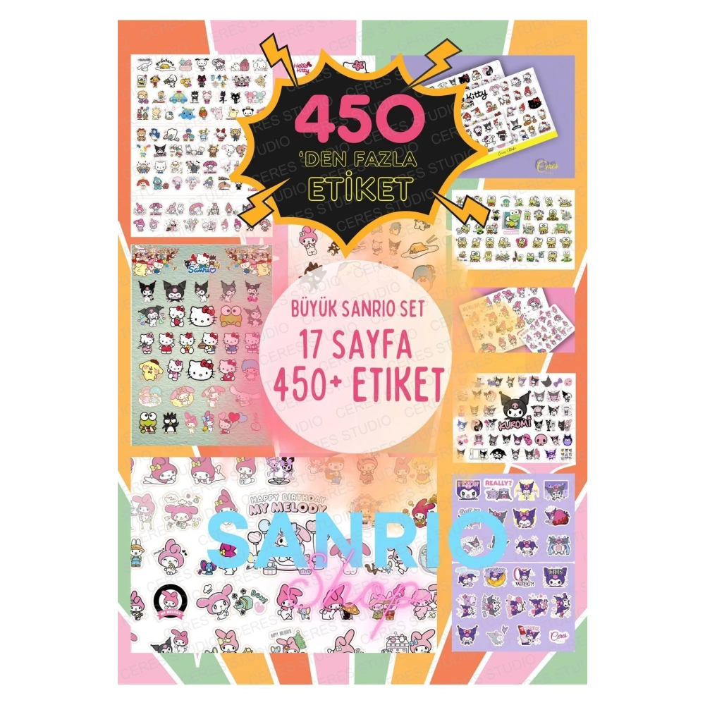 Büyük Sanrio Sticker Set Hello Kitty Kuromi 17 Sayfa 450'den Fazla Sticker Etiket (425)