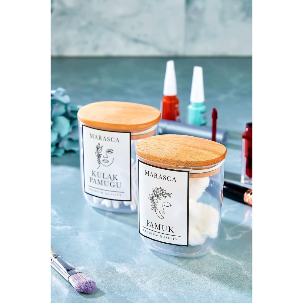2li Marasca Kulak Pamuğu Ve Pamuk Kavanozu Pamukluk Ahşap Kapaklı Mika Kavanoz