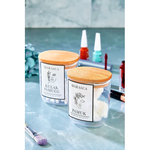2li Marasca Kulak Pamuğu Ve Pamuk Kavanozu Pamukluk Ahşap Kapaklı Mika Kavanoz