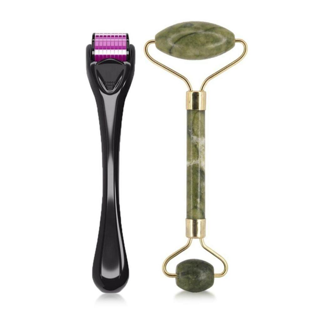 2'li Cilt Bakım Seti Dermaroller Titanyum 540 İğneli 0.5 mm +yeşim Taşı Yüz Masaj Aleti