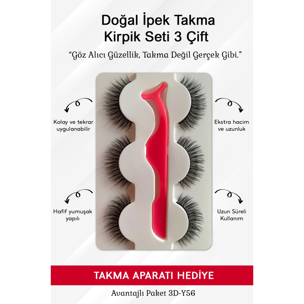 Doğal Ipek Takma Kirpik 3 Çift Kirpik Takma Aparatı 3d-y56