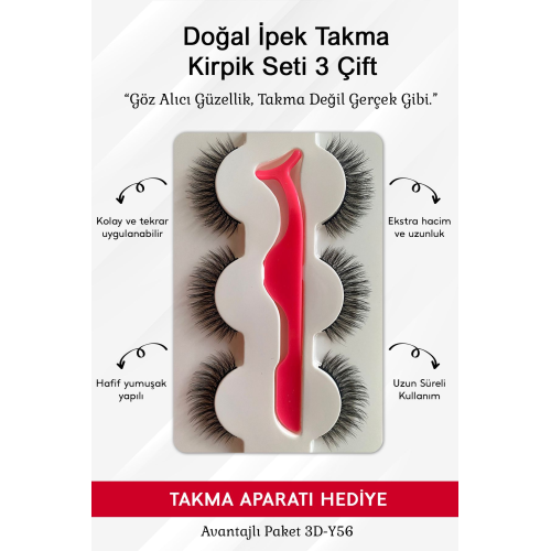 Doğal Ipek Takma Kirpik 3 Çift Kirpik Takma Aparatı 3d-y56