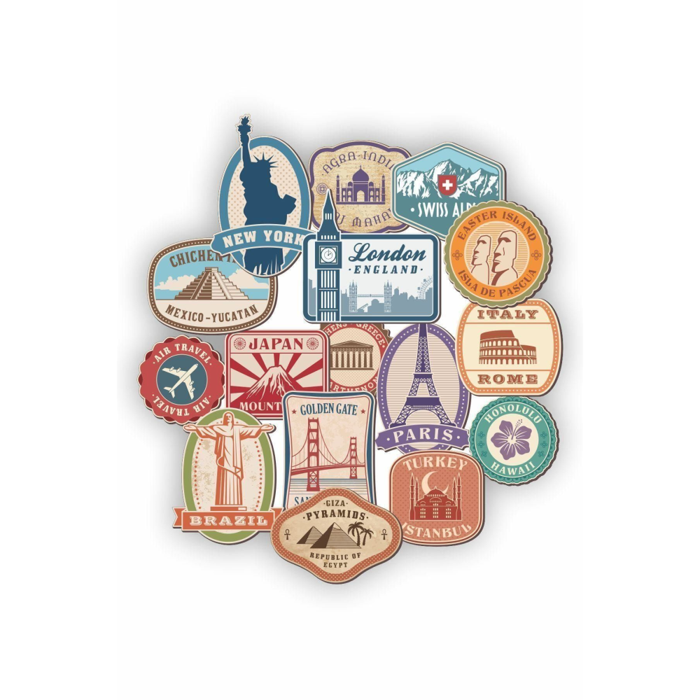 Dünya Şehirleri Temalı Laptop Notebook Kask Valiz Sticker Etiket Seti