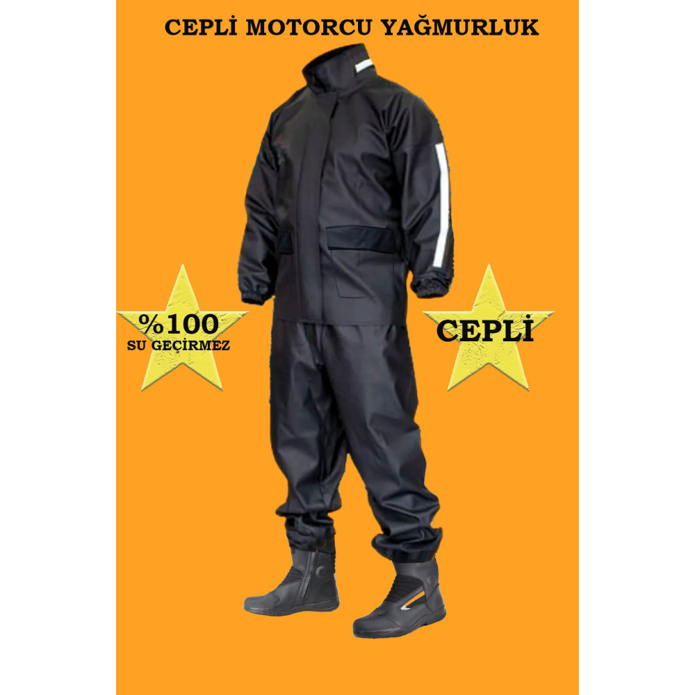 Motorcu Yağmurluk Takım (CEPLİ) Su Geçirmez Ekstra Esnek, Sağlam ve Hafif Pvc Kumaş, Kurye Yağmurluk