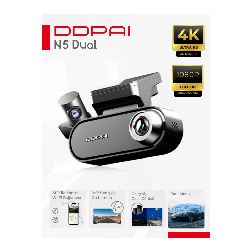 N5 DUAL, 4K, Wi-Fi, GPS , Araç İçi + Arka Kamera Siyah