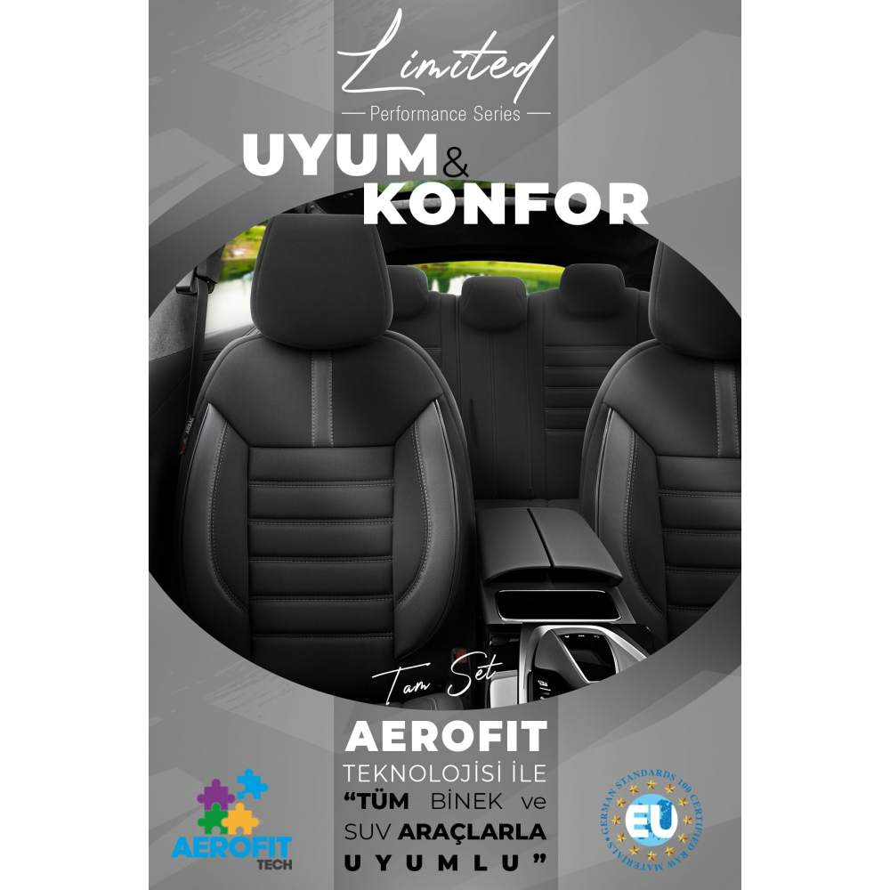 Limited Design Ortopedik Ekstra Destekli Oto Koltuk Kılıfı Tam Set - Siyah-Gri