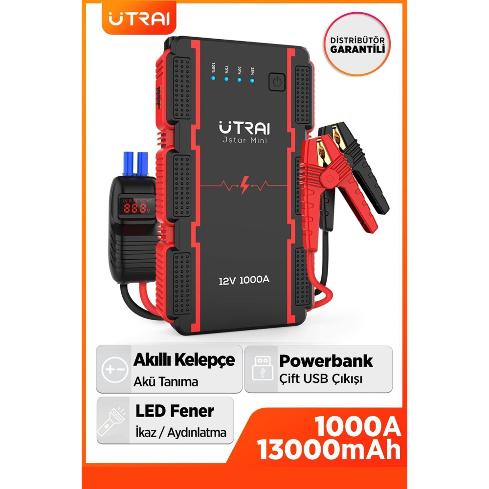 Jstar Mini 13000mah 1000a Jump Starter Taşınabilir Akü Takviye Cihazı Lcd Ekran(POWERBANK LED LAMBA)