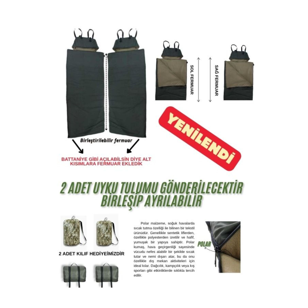 Çift Kişilik 2'li Birleşip Ayrılabilir Haki Uyku Tulumu (-25) Mikro Su Itici Kamp (2.15×1.50)