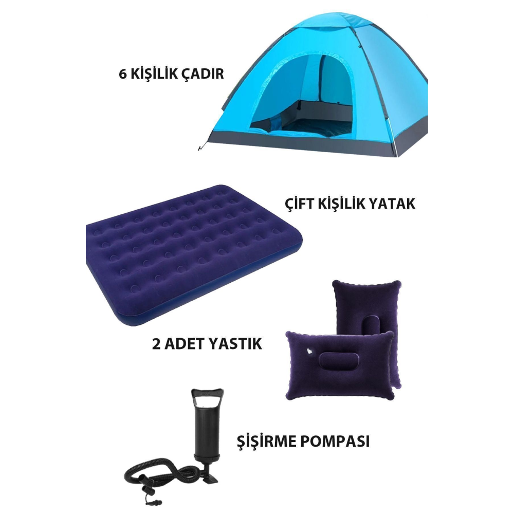 6 Kişilik Kamp Çadırı Çift Kişilik Yatak ve Yastık Kamp Seti