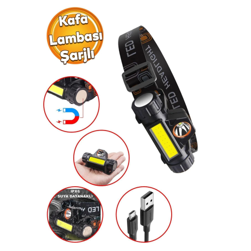 Kafa Feneri Şarjlı Mıknatıslı Lityum Lion Pilli 1200 Lümen Cob Led Kafa Lambası Çalışma Lambası