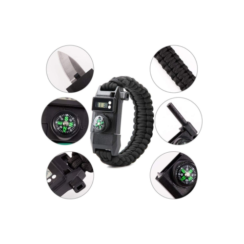 Dijital Saatli Pusula Düdük Cam Kırıcı Magnezyum Çubuklu Fonksiyonel Paracord Bileklik