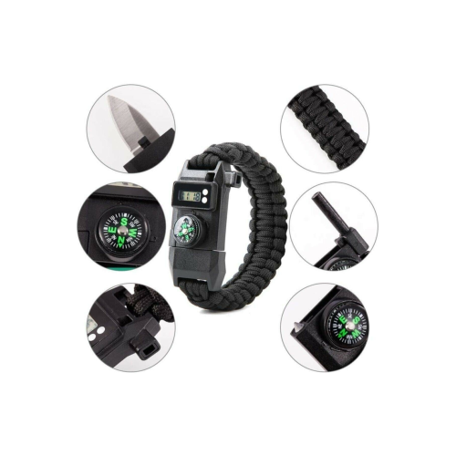 Dijital Saatli Pusula Düdük Cam Kırıcı Magnezyum Çubuklu Fonksiyonel Paracord Bileklik