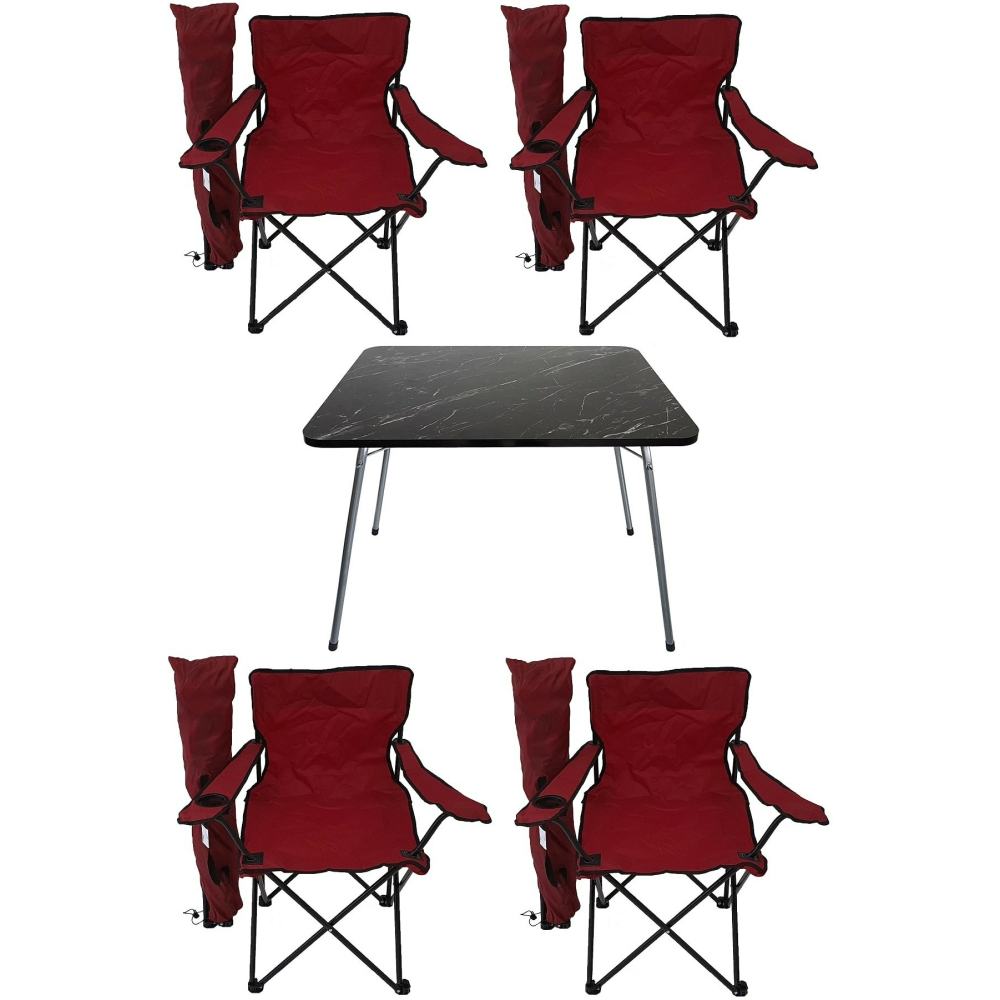 Kırmızı  Granit Katlanır Masa 4 Adet Kamp Sandalyesi Katlanır Sandalye Piknik Plaj Sandalyesi 60x80