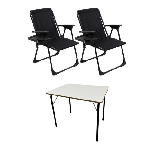 Natura 2 Adet Kamp Sandalyesi Katlanır Sandalye Dikdörtgen Bardaklıklı Siyah Katlanır Mdf Masa
