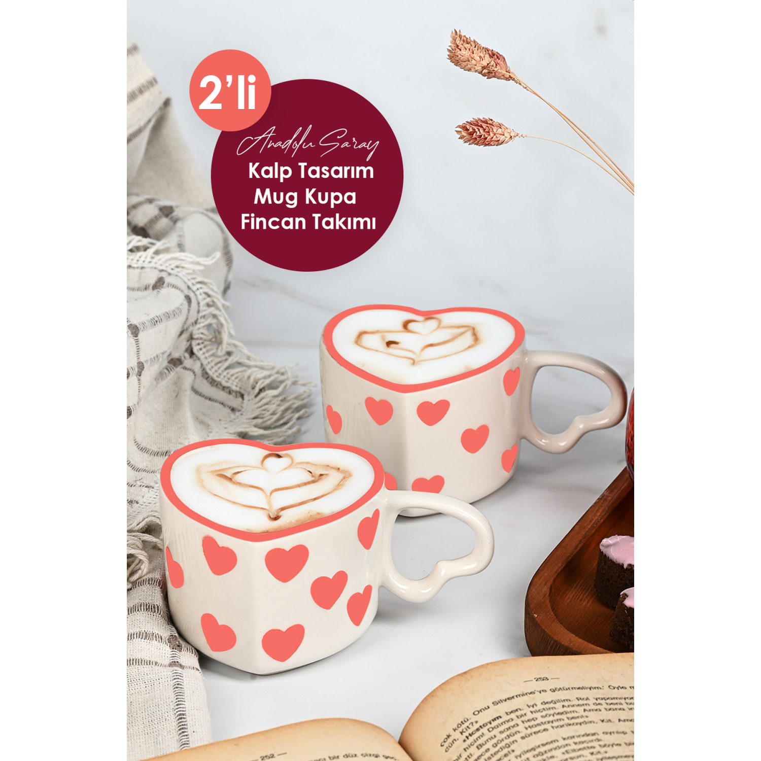 2'li El Yapımı Seramik Kalp Tasarım Mug Kupa Fincan Handmade El Yapımı Mug Fincan Kupa Kahve Kupası