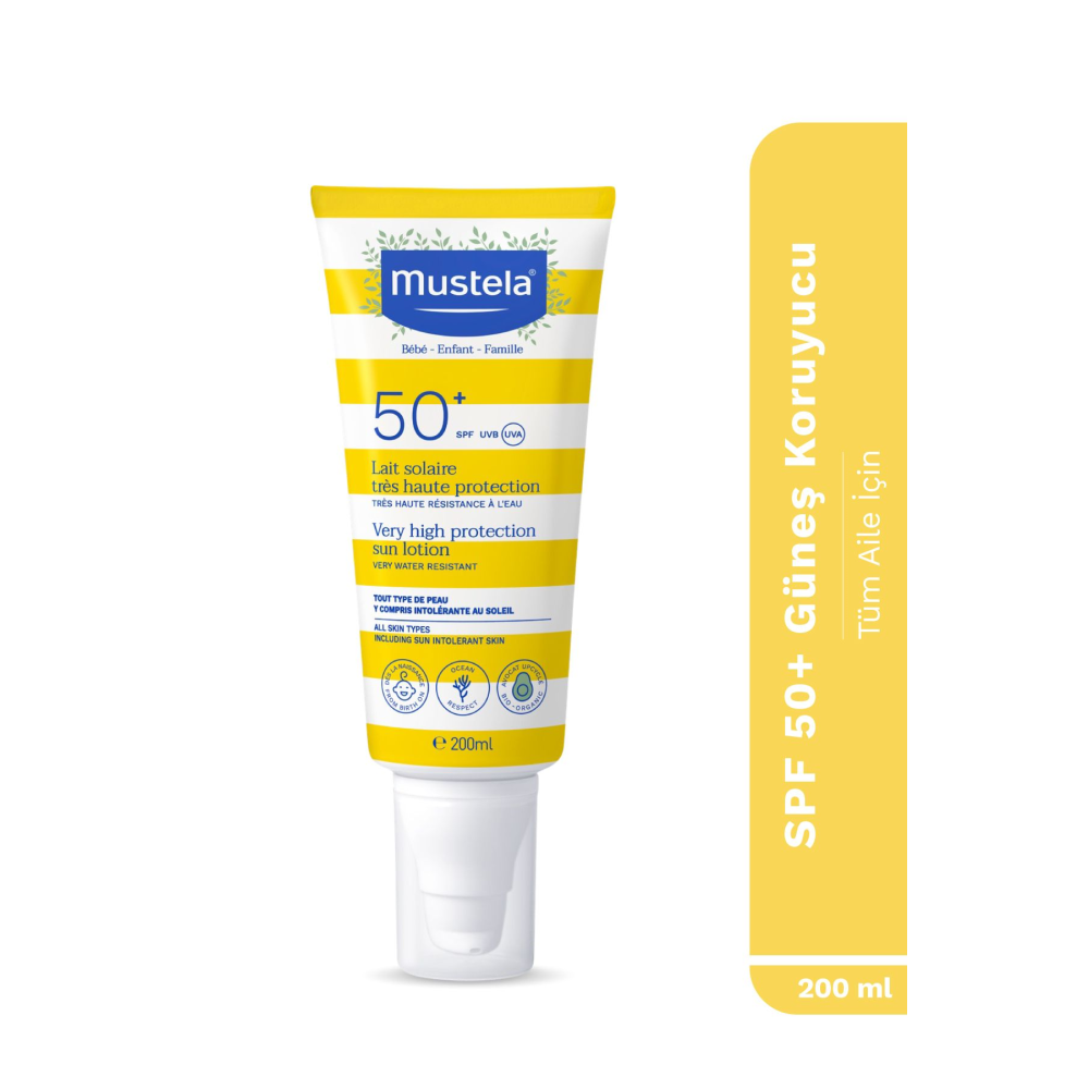 SPF 50+ Yüksek Koruma Yüz Vücut Güneş Koruyucu Suya Dayanıklı Tüm Ciltler Bebek Çocuk Yetişkin 200ml