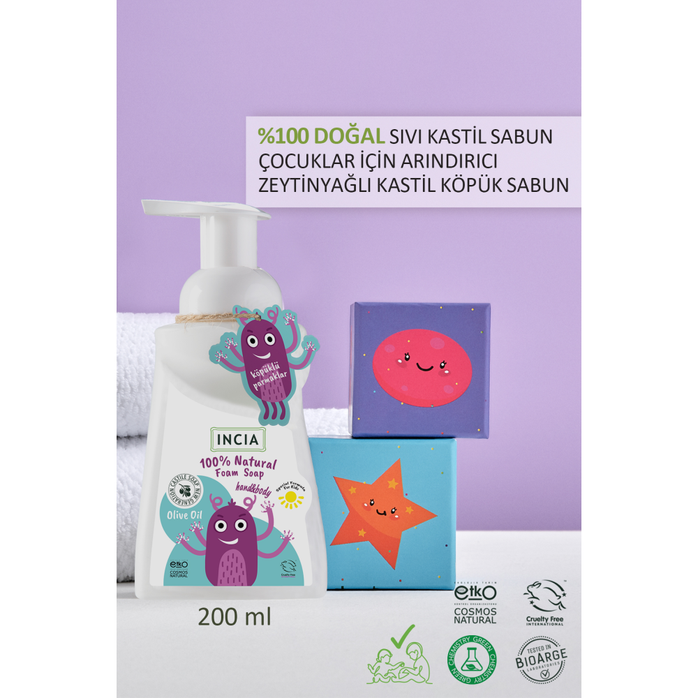 %100 Doğal Köpük Kastil Sabunu Çocuklar İçin Zeytinyağlı 10 Bitkisel Değerli Yağ Vegan 200 ml
