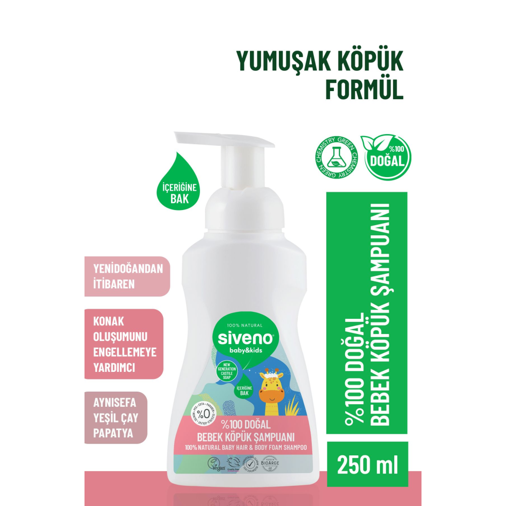 %100 Doğal Bebek Köpük Şampuanı Yenidoğan Saç ve Vücut İçin Nemlendirici Bitkisel Vegan 250 ml