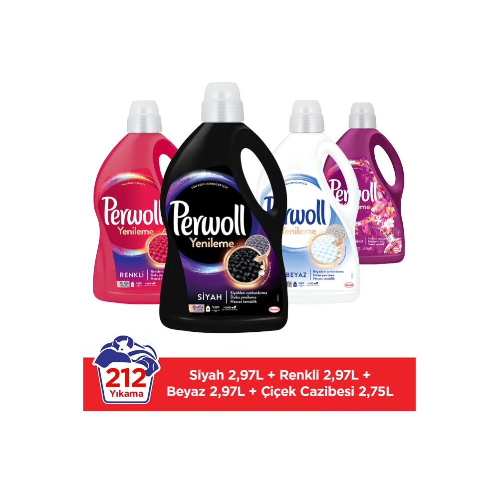 Hassas Bakım Sıvı Çamaşır Deterjanı (212 Yıkama) 3x2,97 L Siyah+Renkli+Beyaz + 2,7L Çiçek Cazibesi